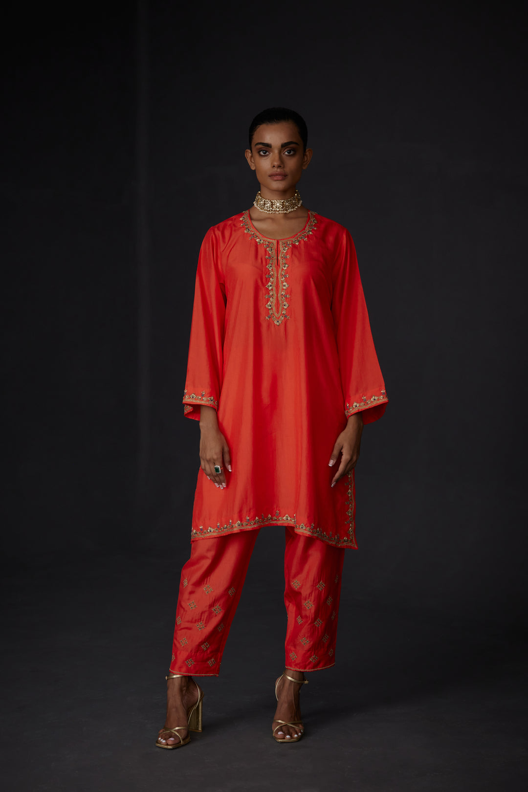 Embroidered Tunic & Trouser Set-Scarlet Red