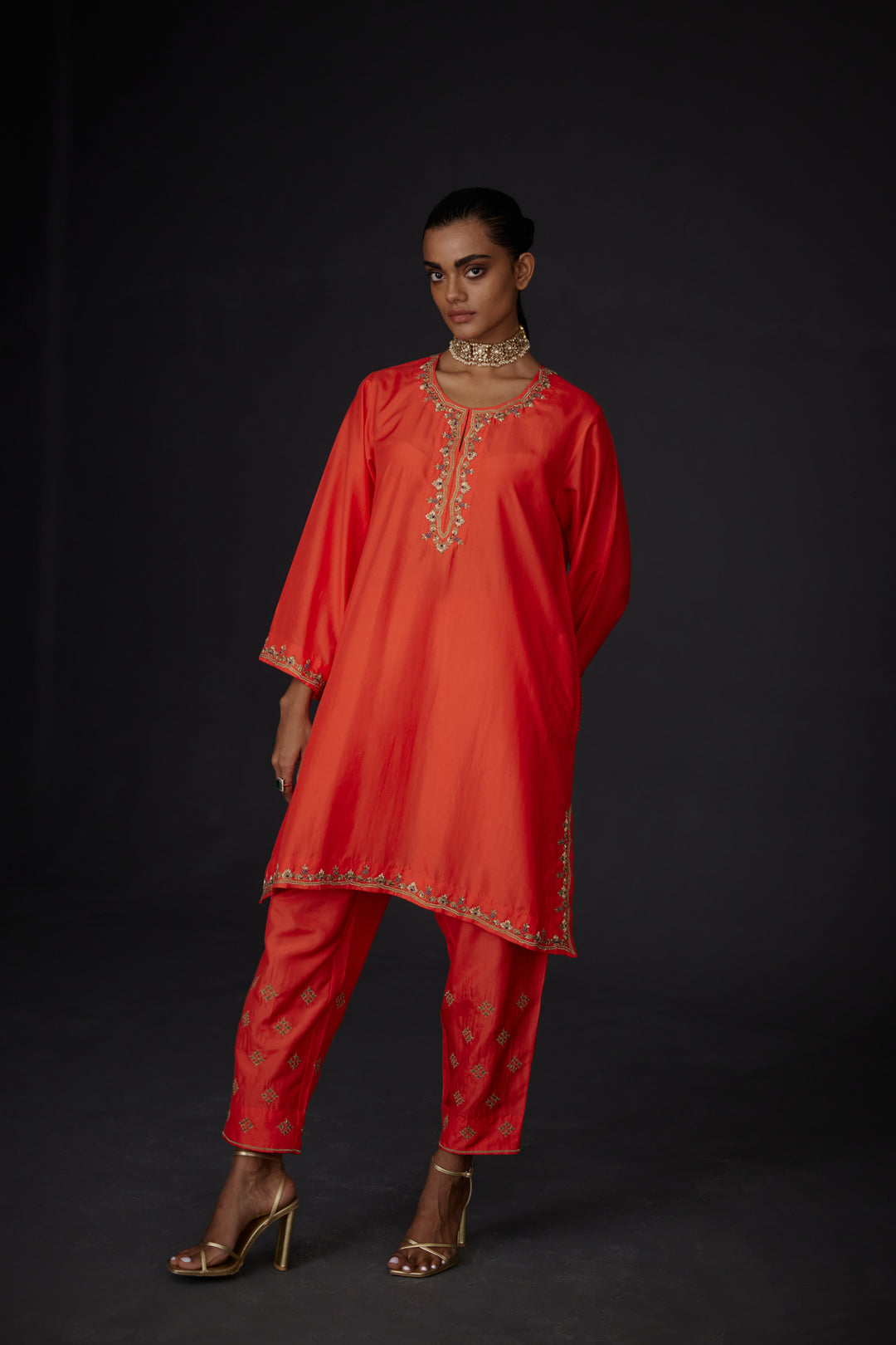 Embroidered Tunic & Trouser Set-Scarlet Red