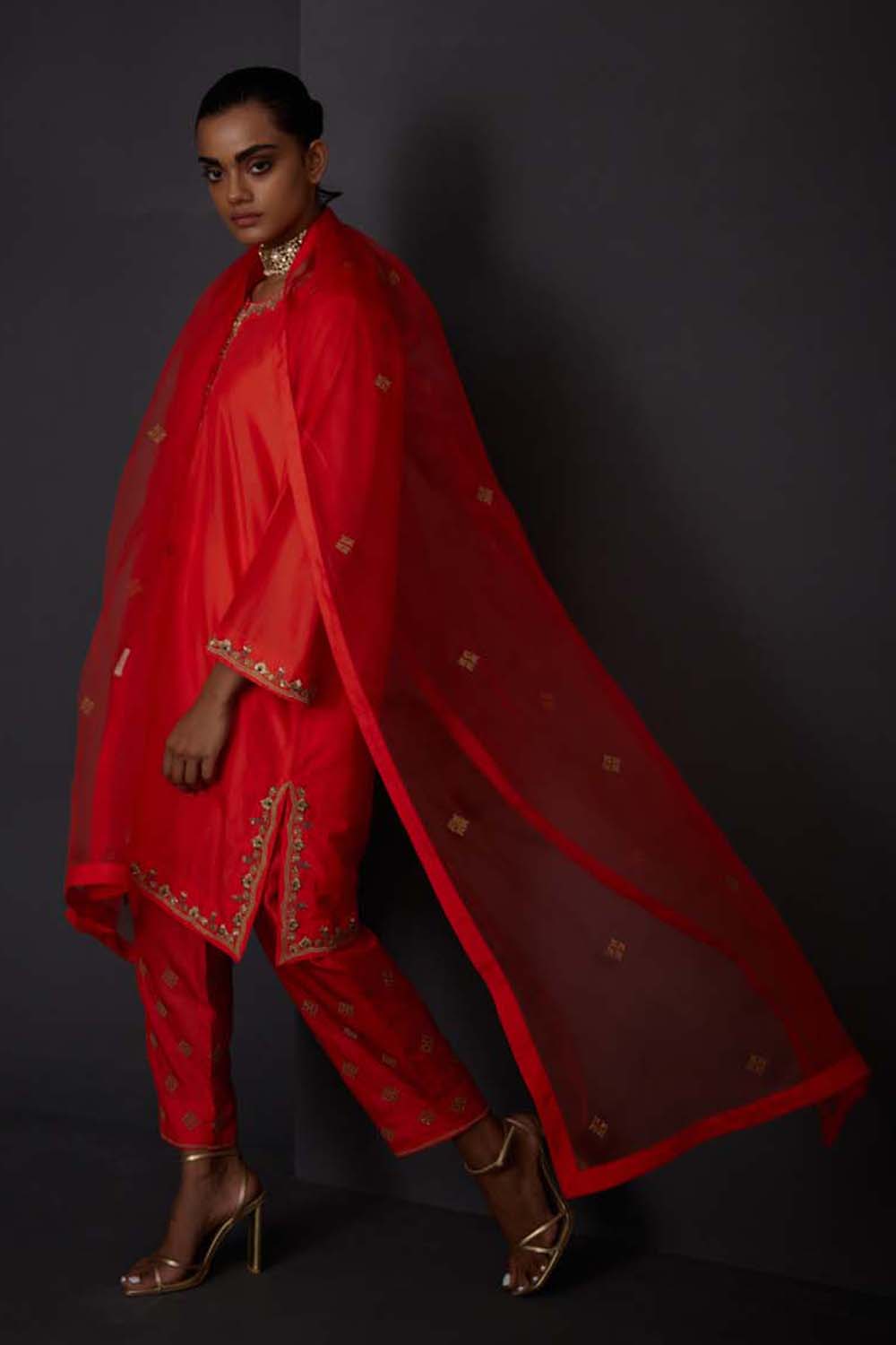 Embroidered Dupatta - Scarlet Red