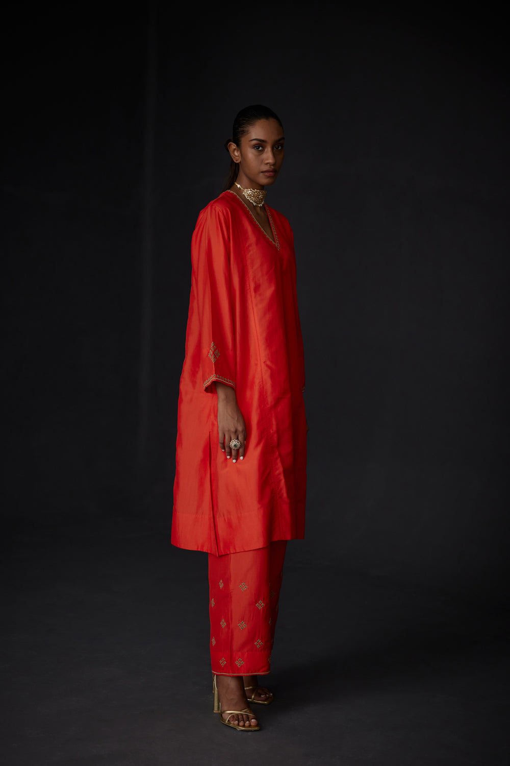 Scarlet Red Embroidered Tunic & Trouser Set