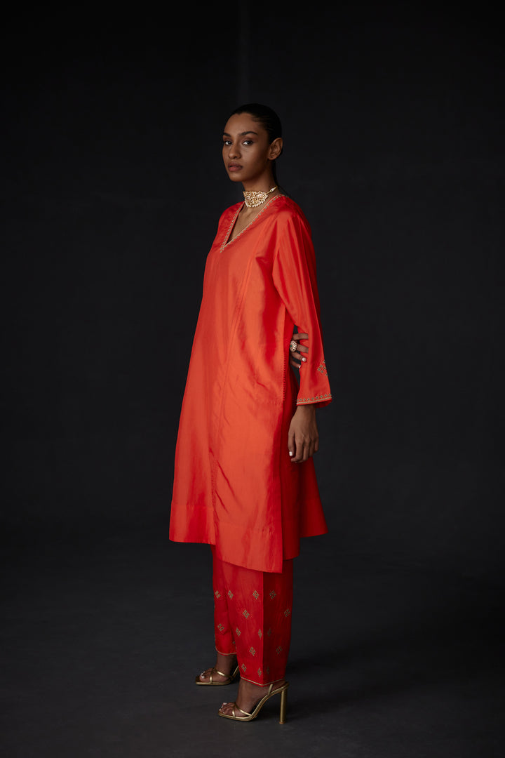 Scarlet Red Embroidered Tunic & Trouser Set