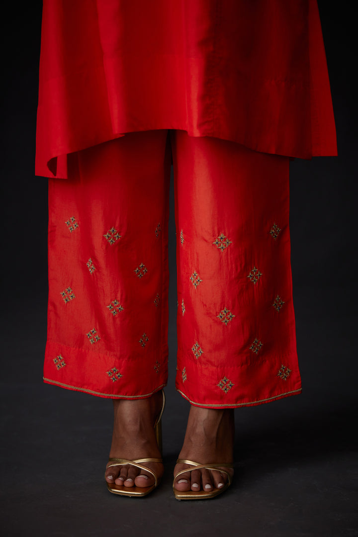 Scarlet Red Embroidered Tunic & Trouser Set