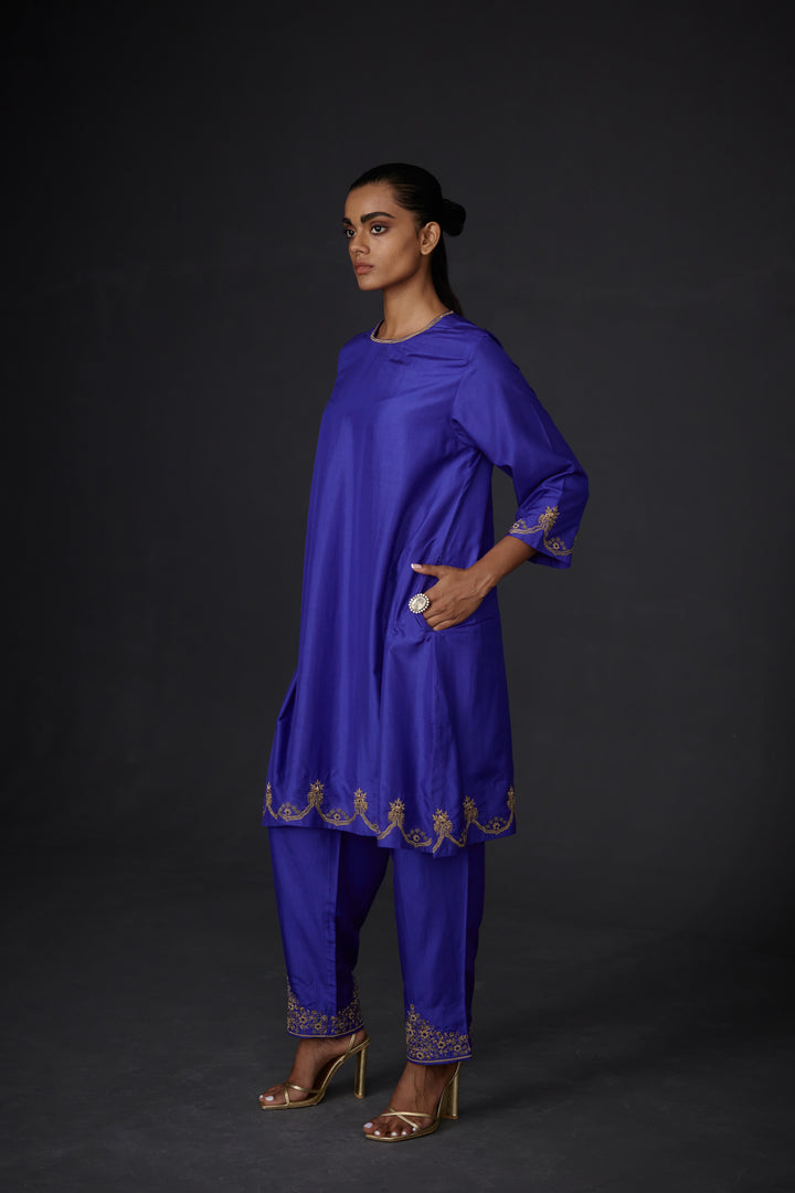 Embroidered Tunic & Trouser Set-Persian Blue