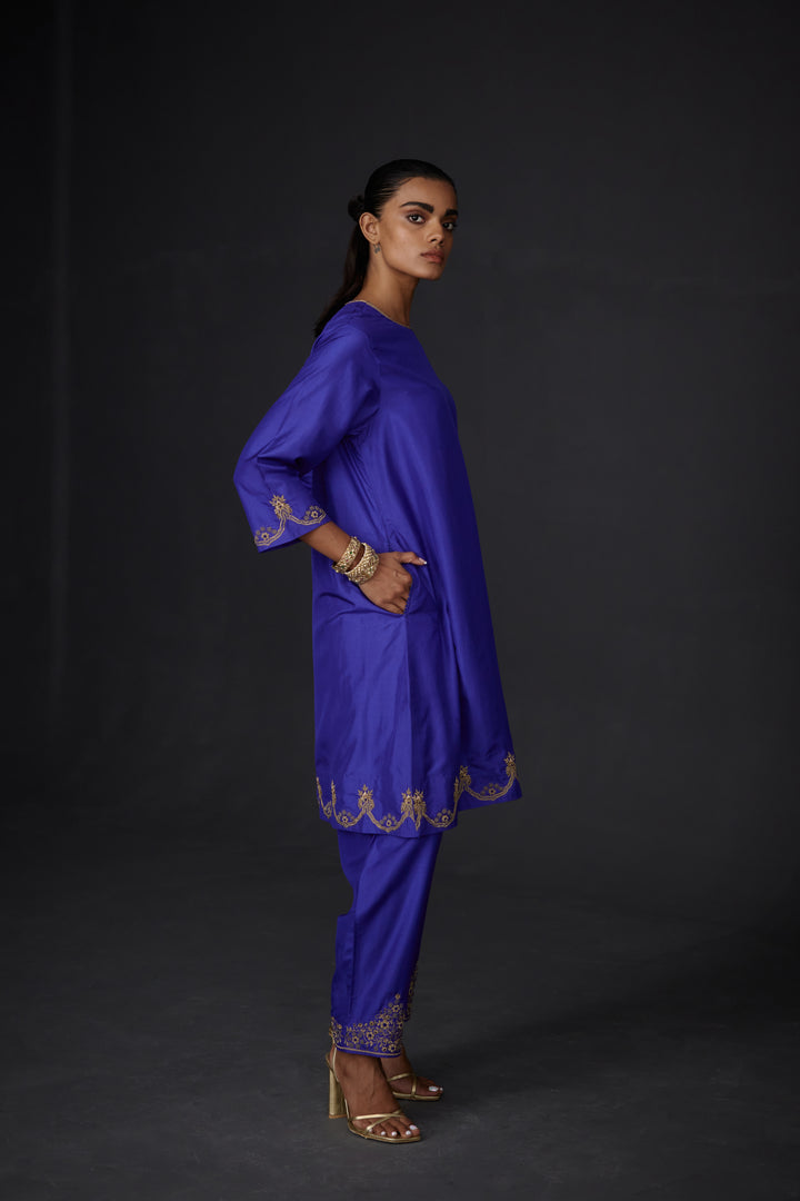 Embroidered Tunic & Trouser Set-Persian Blue