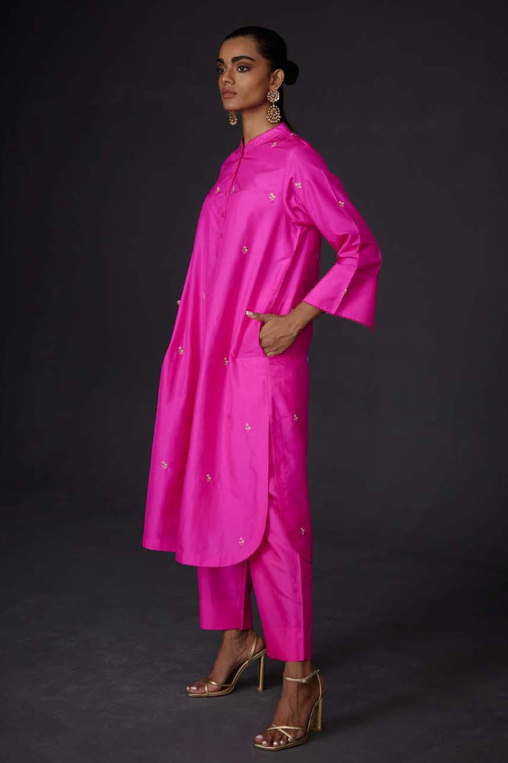 Embroidered Tunic & Trouser Set - Hot Pink