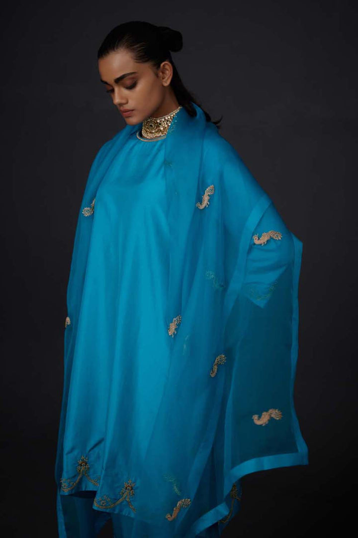 Embroidered Dupatta - Turquoise