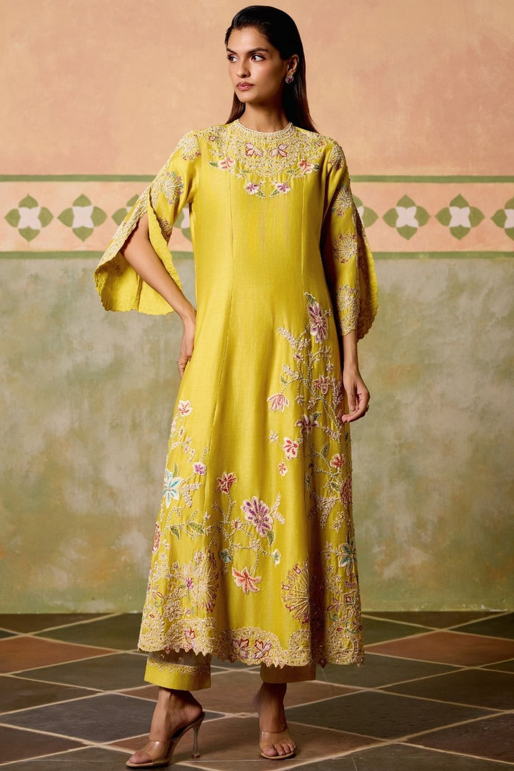 Yellow contrast cordwork flared long kurta with sheer panel pants