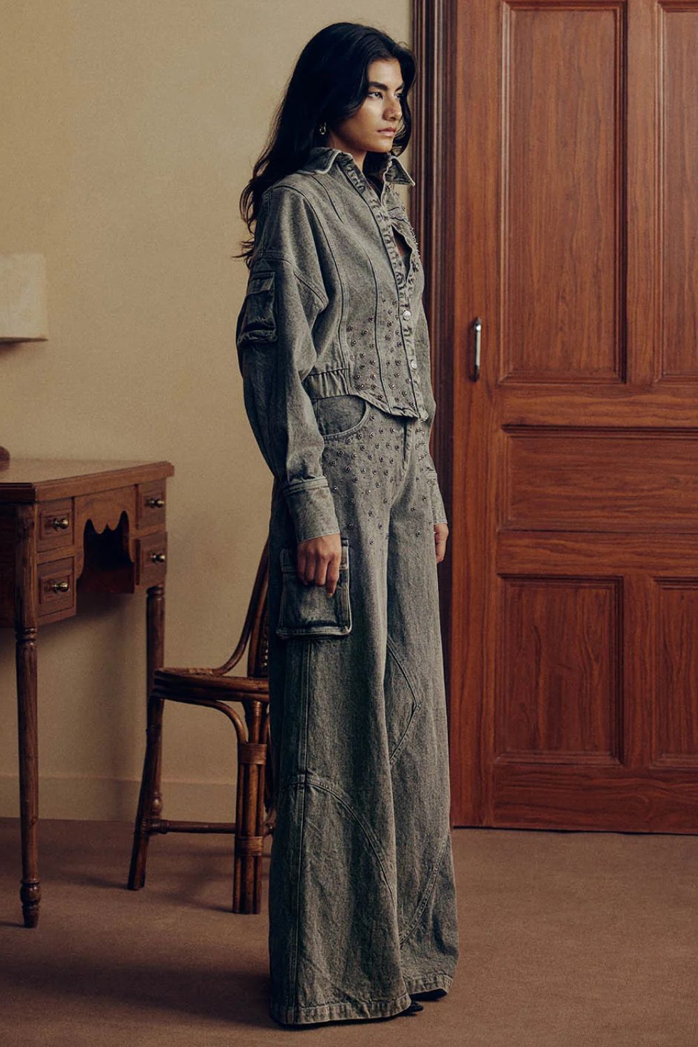 WASHED DENIM EMBELLISHED COORD SET
