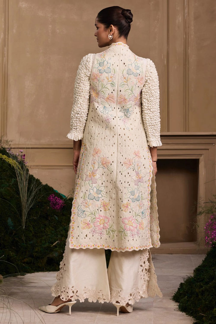 Ivory Pastel Floral Quilted Long Jacket