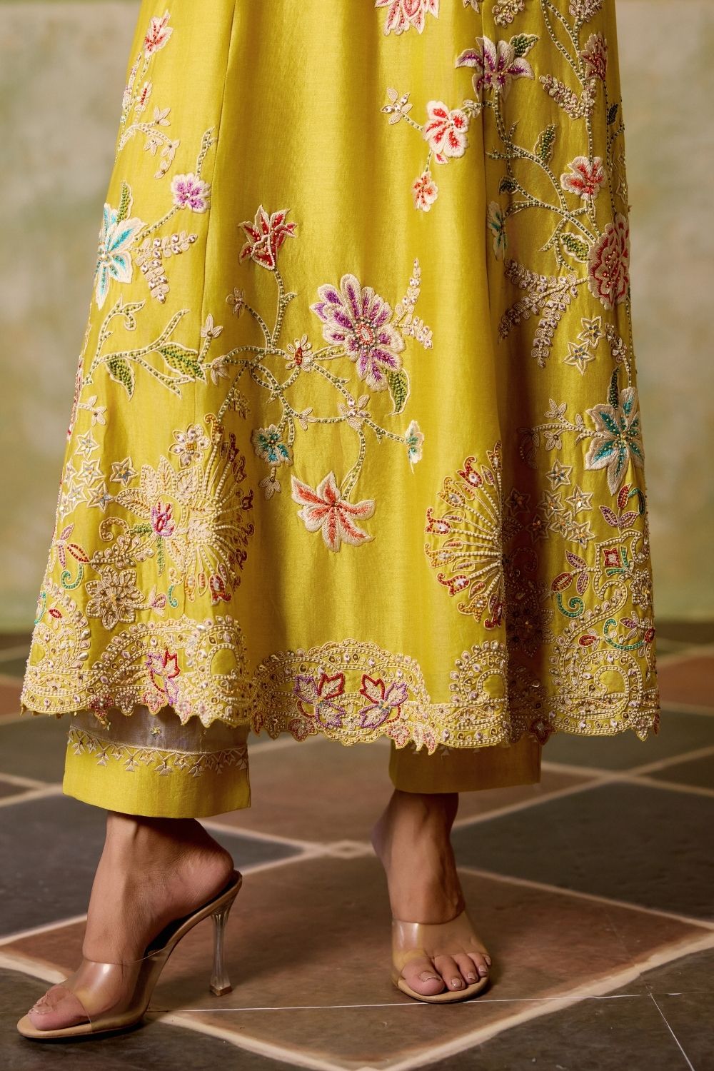 Yellow contrast cordwork flared long kurta with sheer panel pants