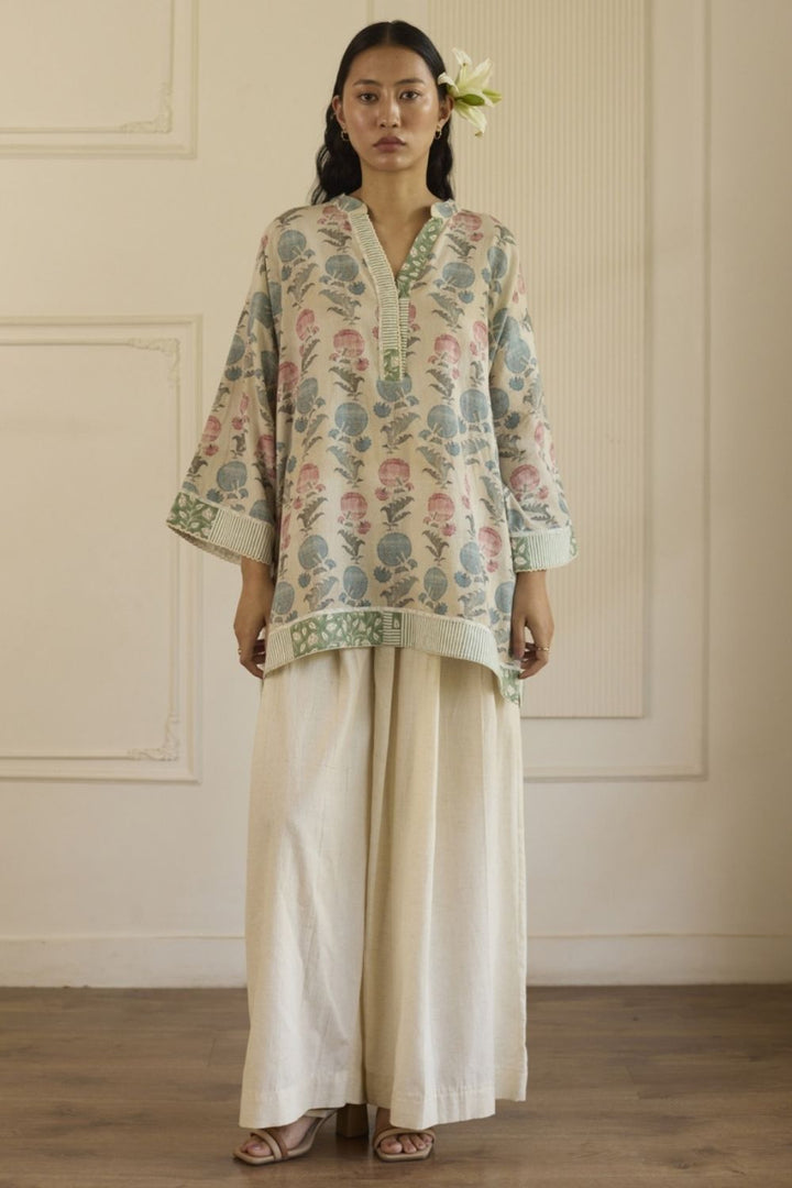 Beige & Pink Short Top With Pants Set