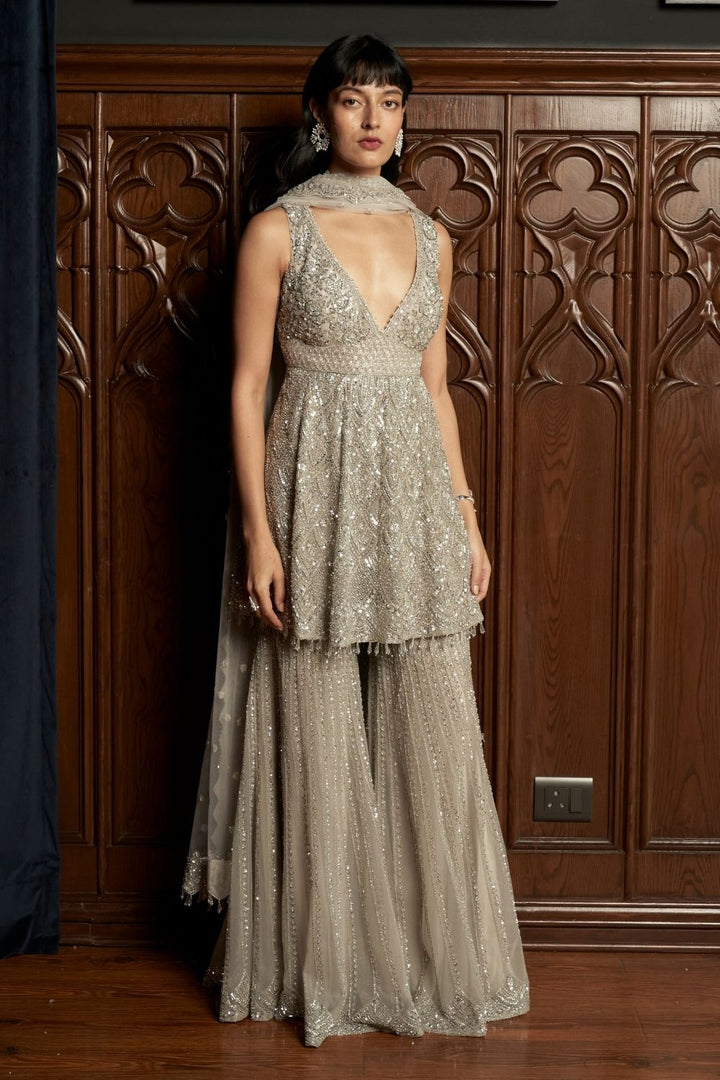 Grey Peplum Sharara Set