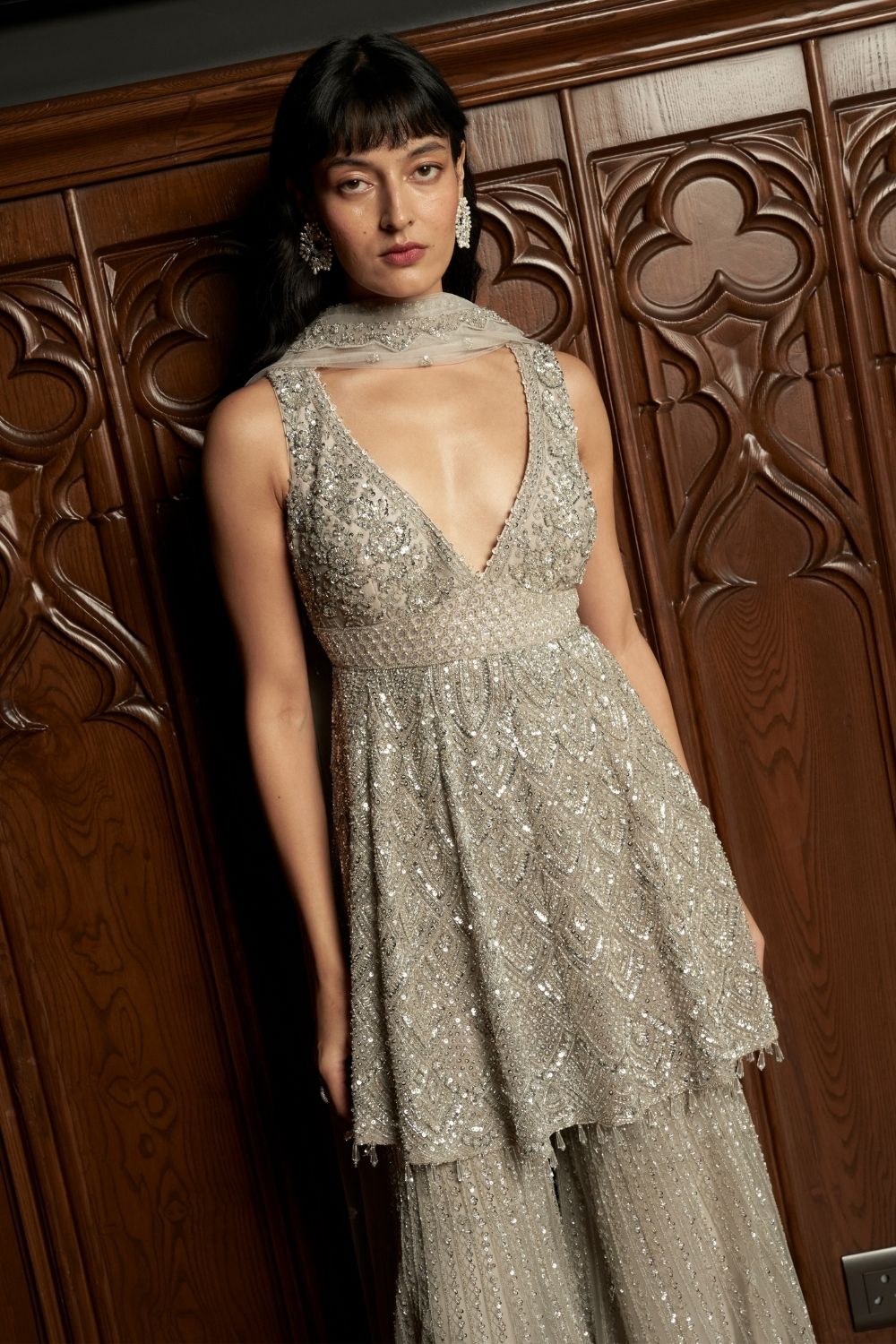 Grey Peplum Sharara Set