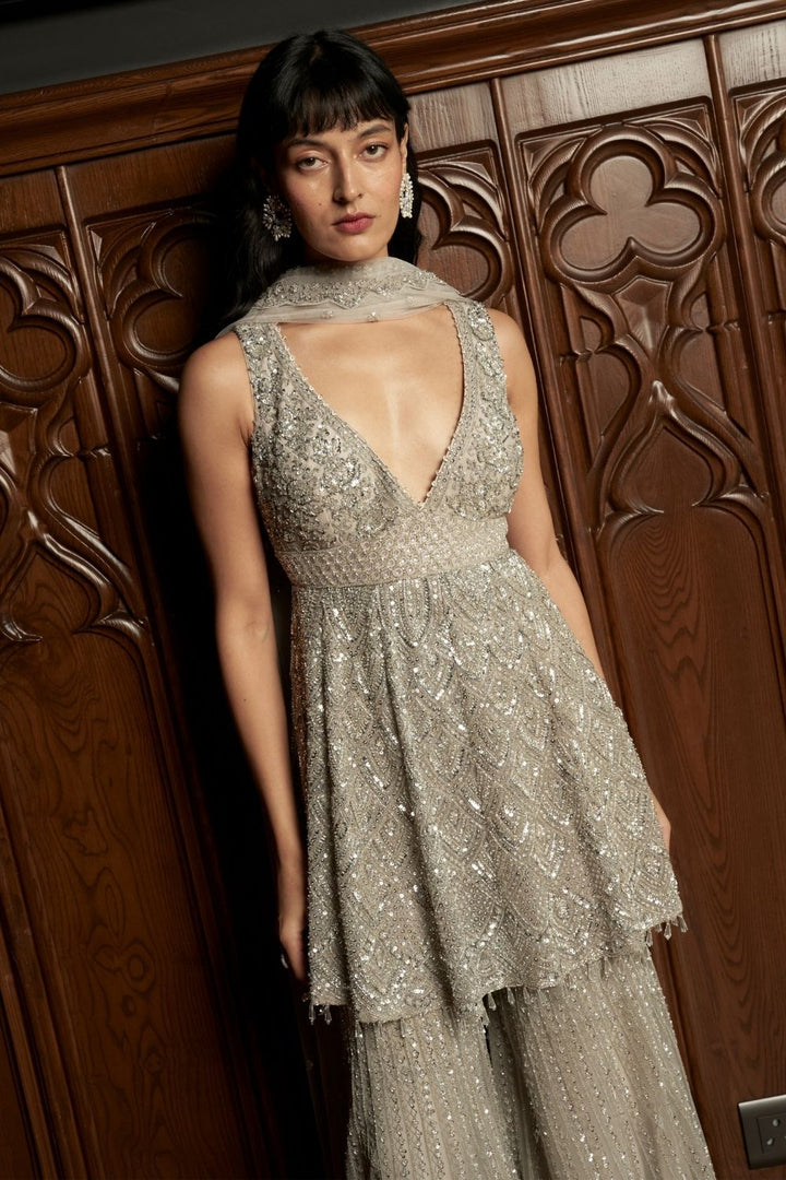 Grey Peplum Sharara Set
