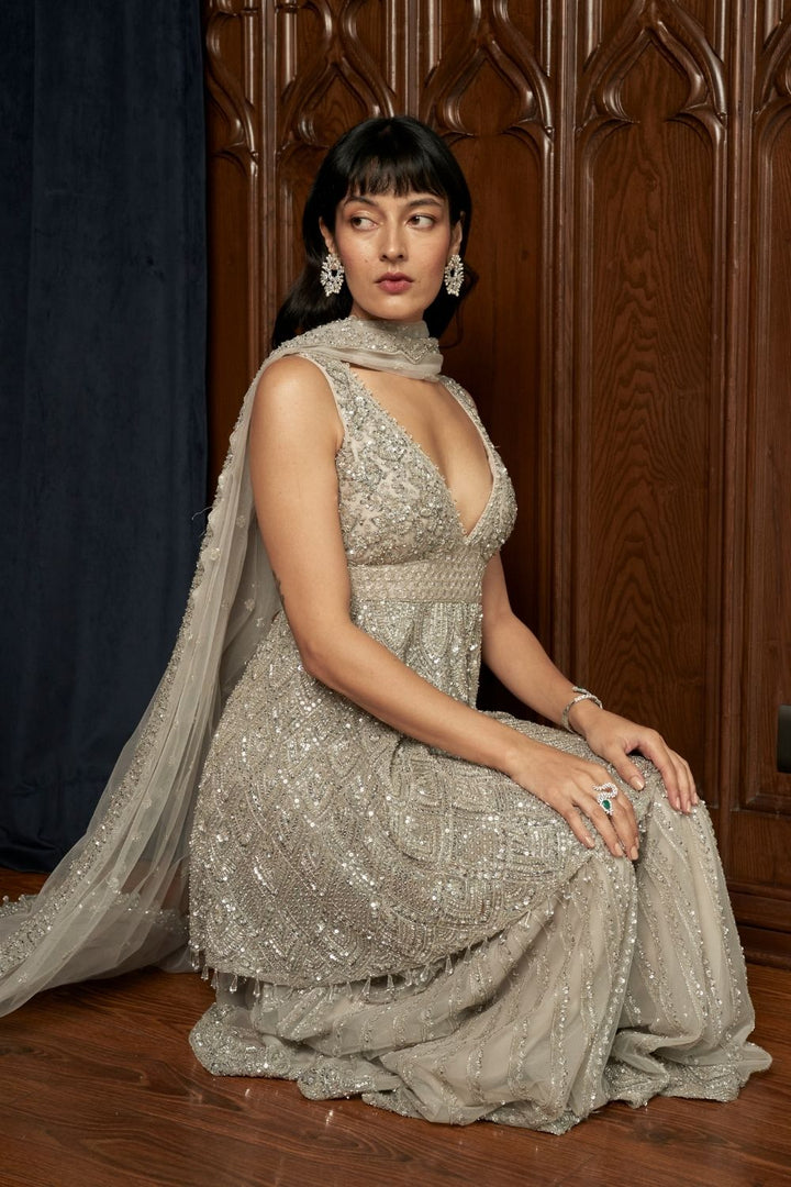 Grey Peplum Sharara Set