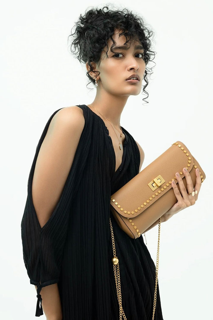 Tan Slim Studded Clutch Bag
