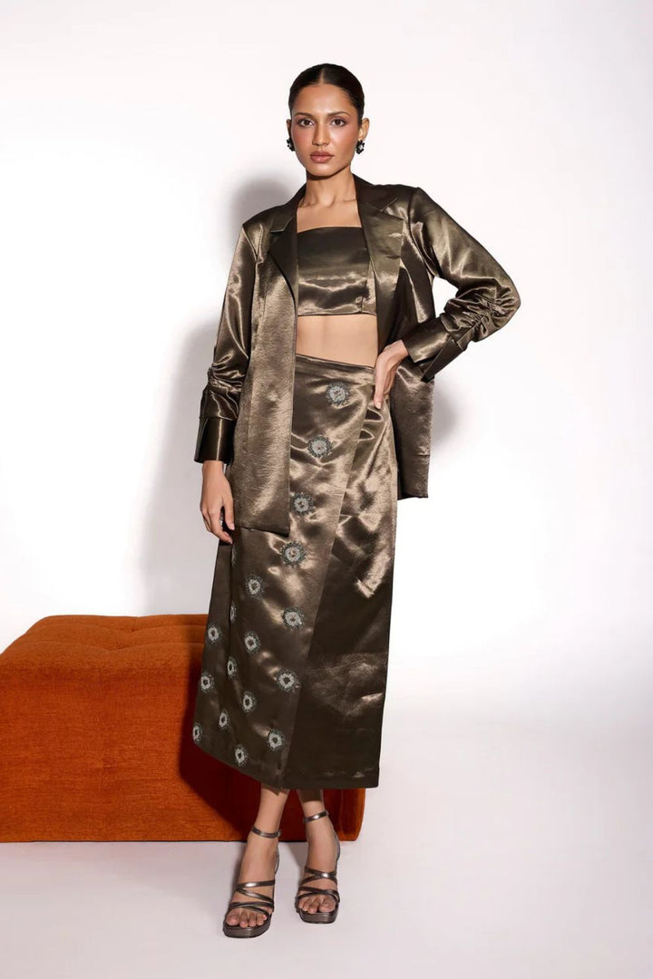 Dusky Olive Satin Open Jacket