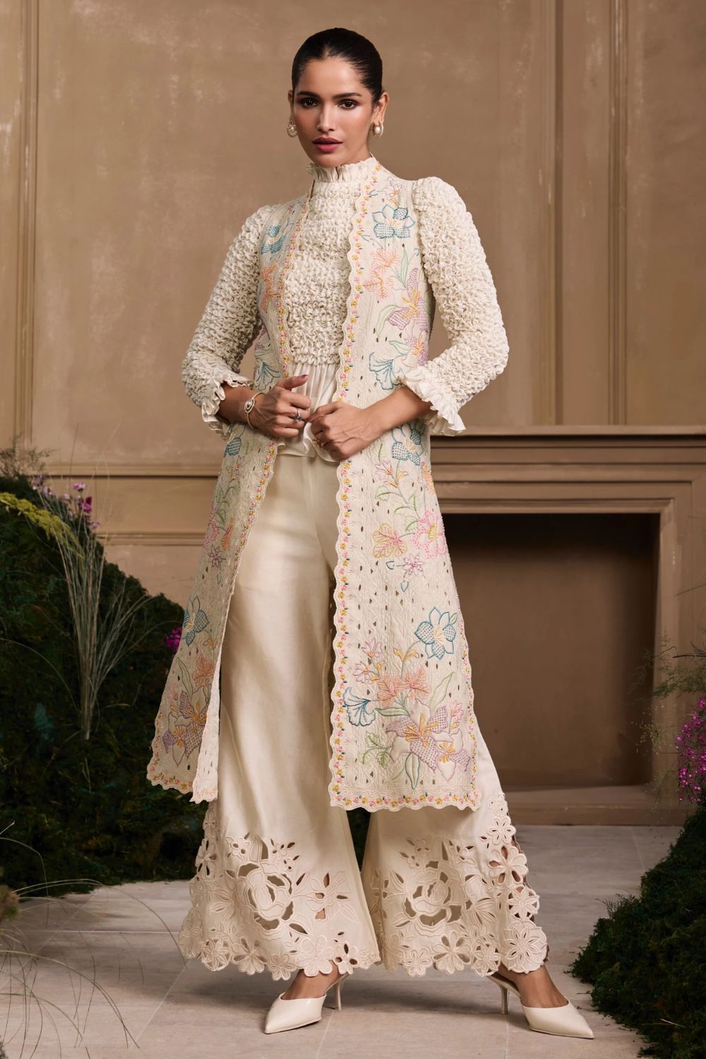 Ivory Pastel Floral Quilted Long Jacket