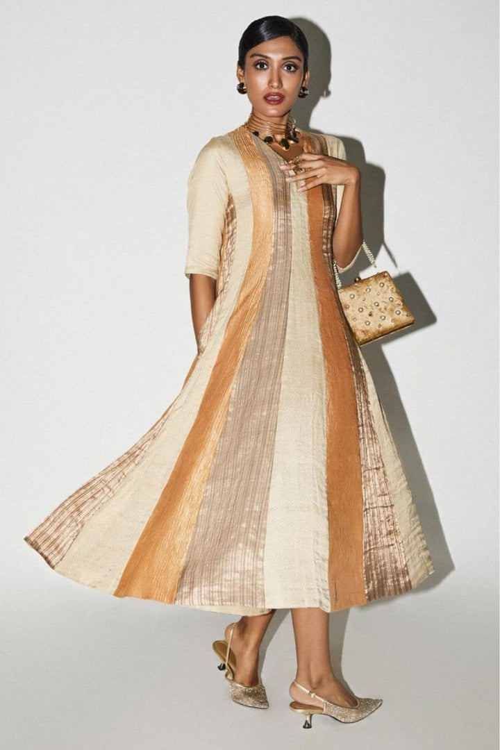 Orange Gold Panel Silk Dress