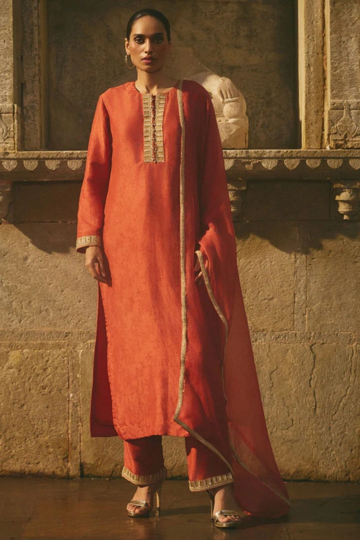 Chanderi Red Printed Kurta Set