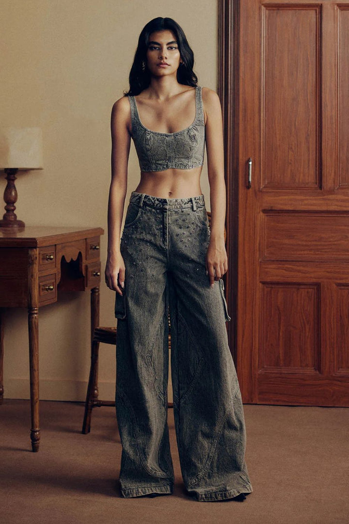 WASHED DENIM EMBELLISHED COORD SET
