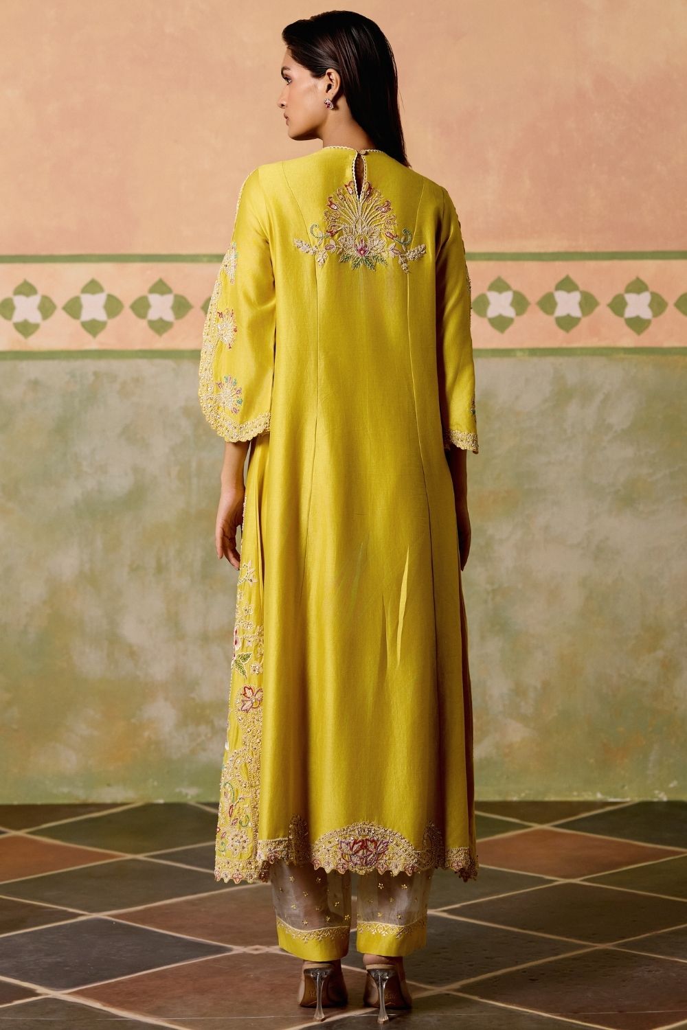 Yellow contrast cordwork flared long kurta with sheer panel pants