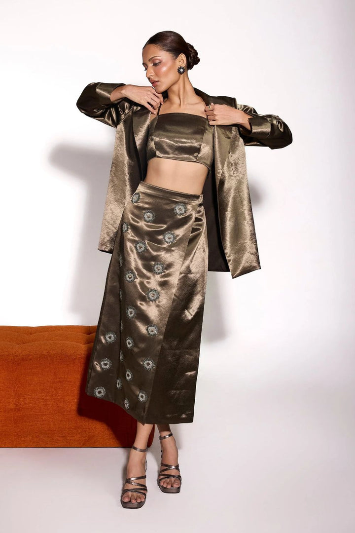 Dusky Olive Satin Embroidered Wrap Long Skirt