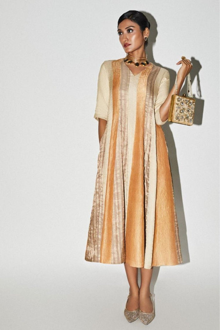 Orange Gold Panel Silk Dress