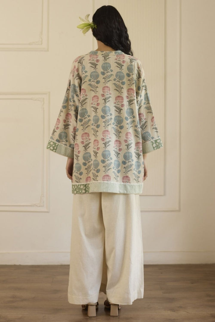 Beige & Pink Short Top With Pants Set