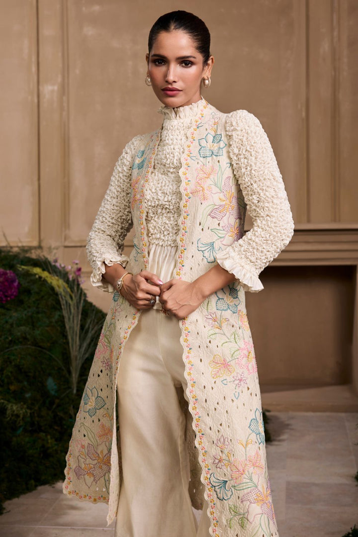 Ivory Pastel Floral Quilted Long Jacket