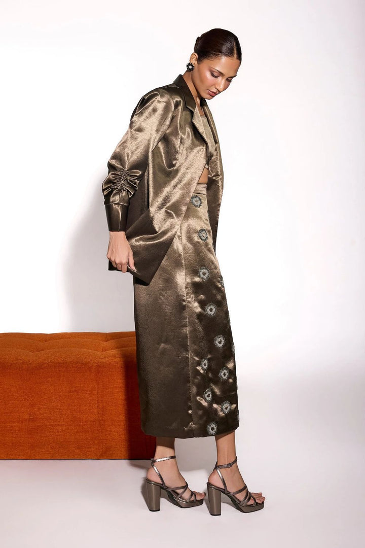 Dusky Olive Satin Open Jacket