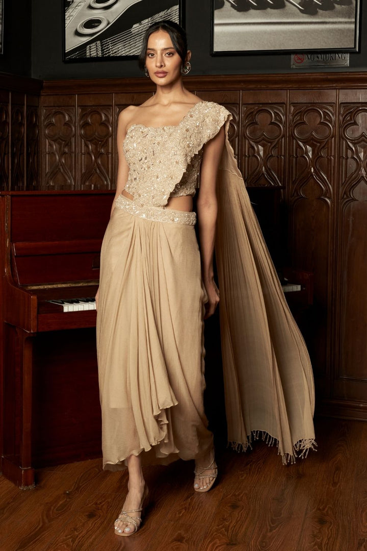 Beige Corset Drape Saree Set