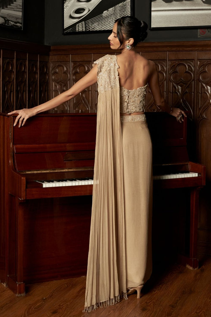 Beige Corset Drape Saree Set