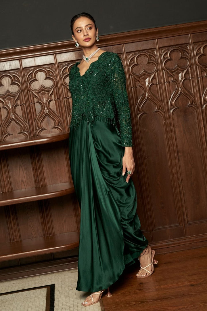 Emerald Embroidered Jacket With Draped Skirt