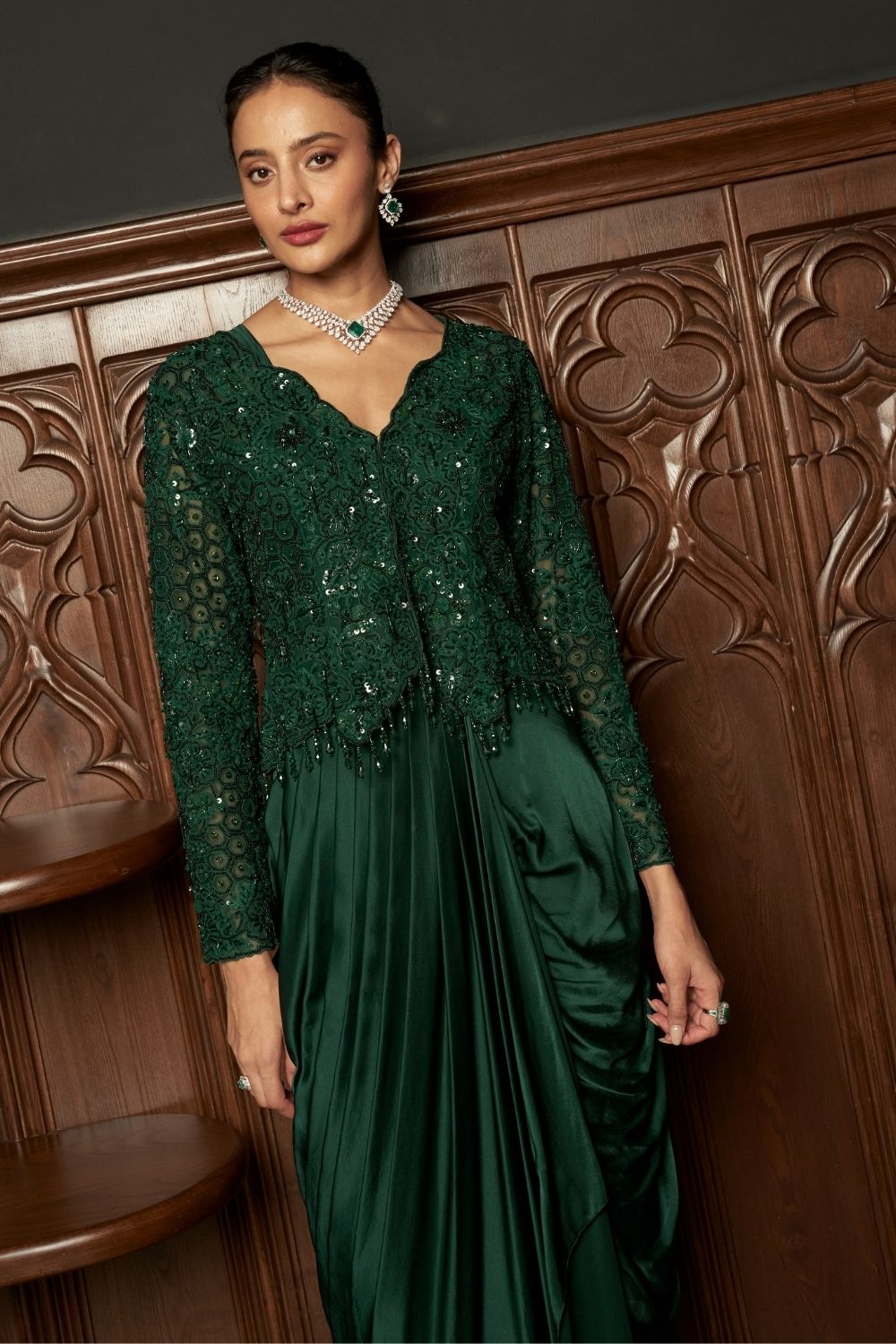 Emerald Embroidered Jacket With Draped Skirt