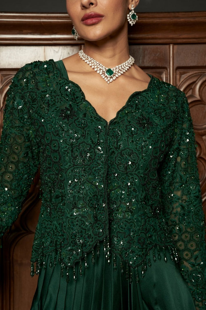 Emerald Embroidered Jacket With Draped Skirt