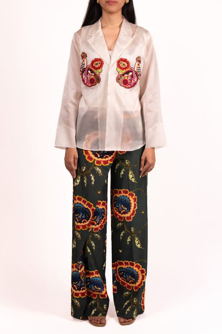 Green Flap Printed Flared Trouser