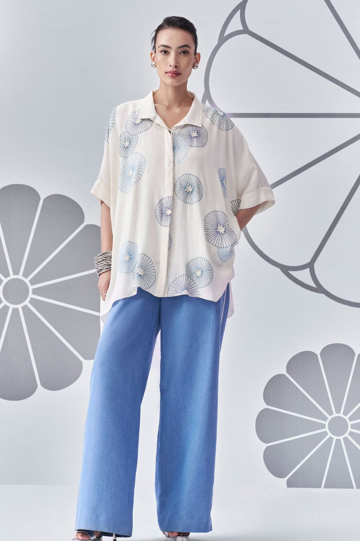 Chrysanthemum Shirt Poncho with Denim Pants