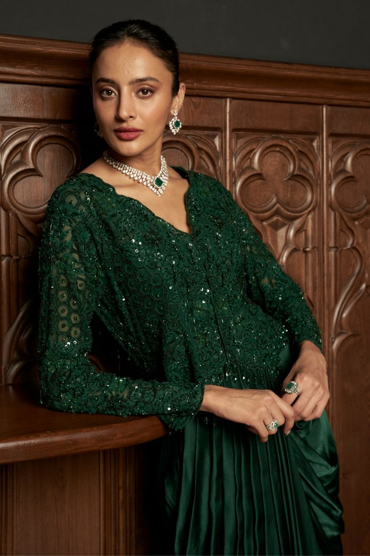 Emerald Embroidered Jacket With Draped Skirt