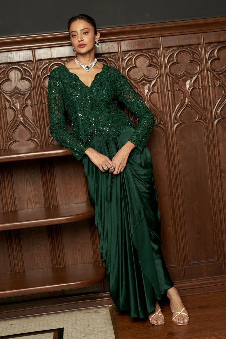 Emerald Embroidered Jacket With Draped Skirt