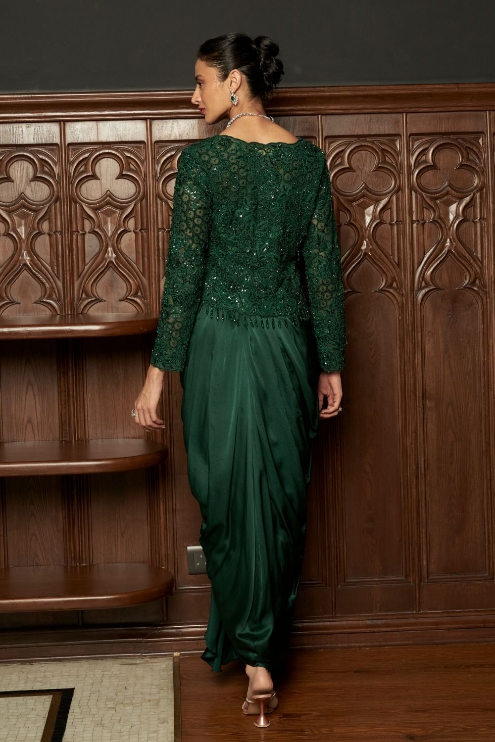 Emerald Embroidered Jacket With Draped Skirt