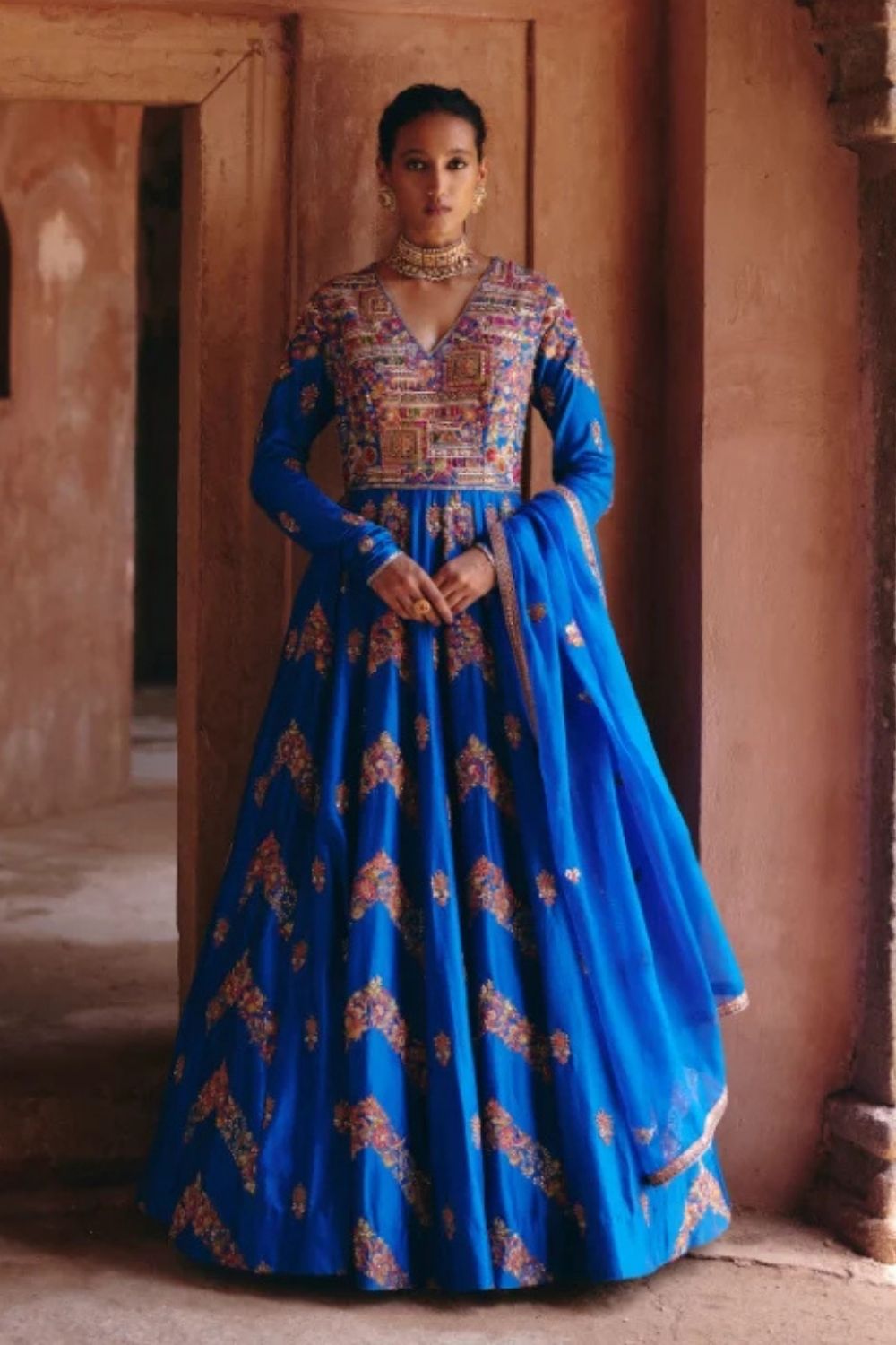 Gulrez Chevron Kalidar With Organza Dupatta