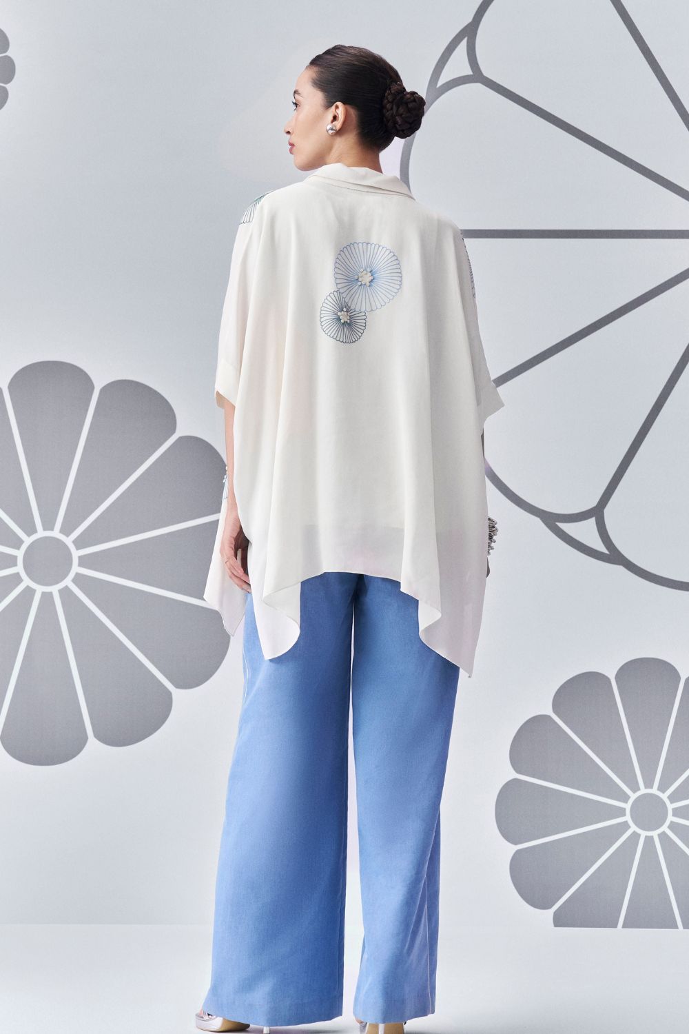 Chrysanthemum Shirt Poncho with Denim Pants