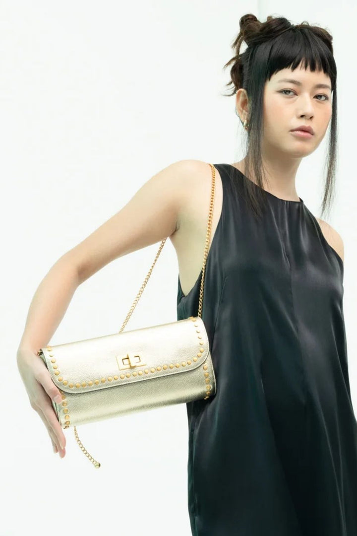 Metallic Gold Slim Studded Clutch Bag