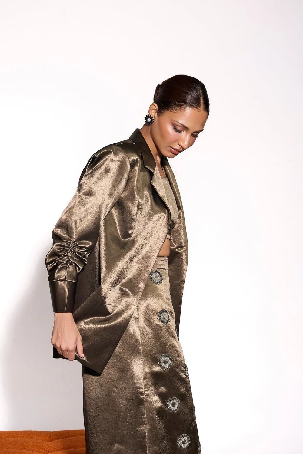 Dusky Olive Satin Open Jacket