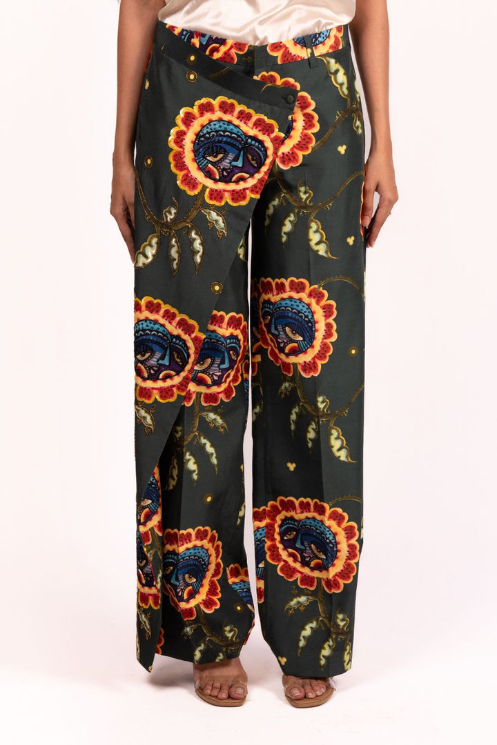 Green Flap Printed Flared Trouser