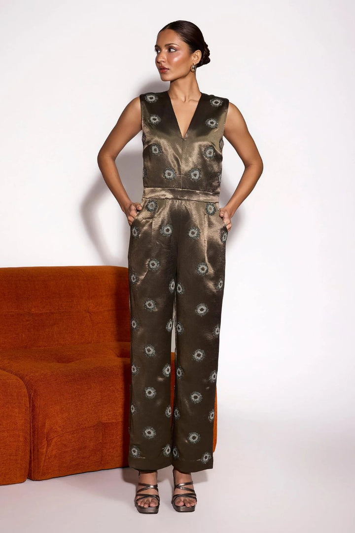 Dusky Olive Satin Embroidered Sleeveless Jumpsuit