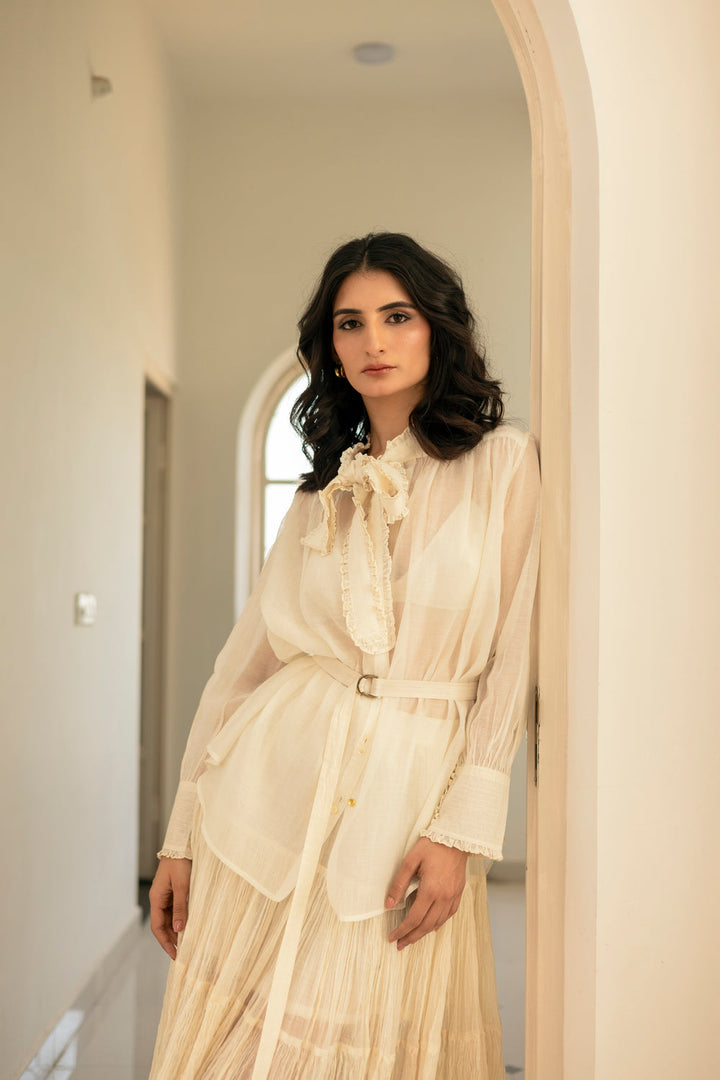 Victorian Frill Shirt with a Tie - Ivory Cotton Silk Sheer Blouse