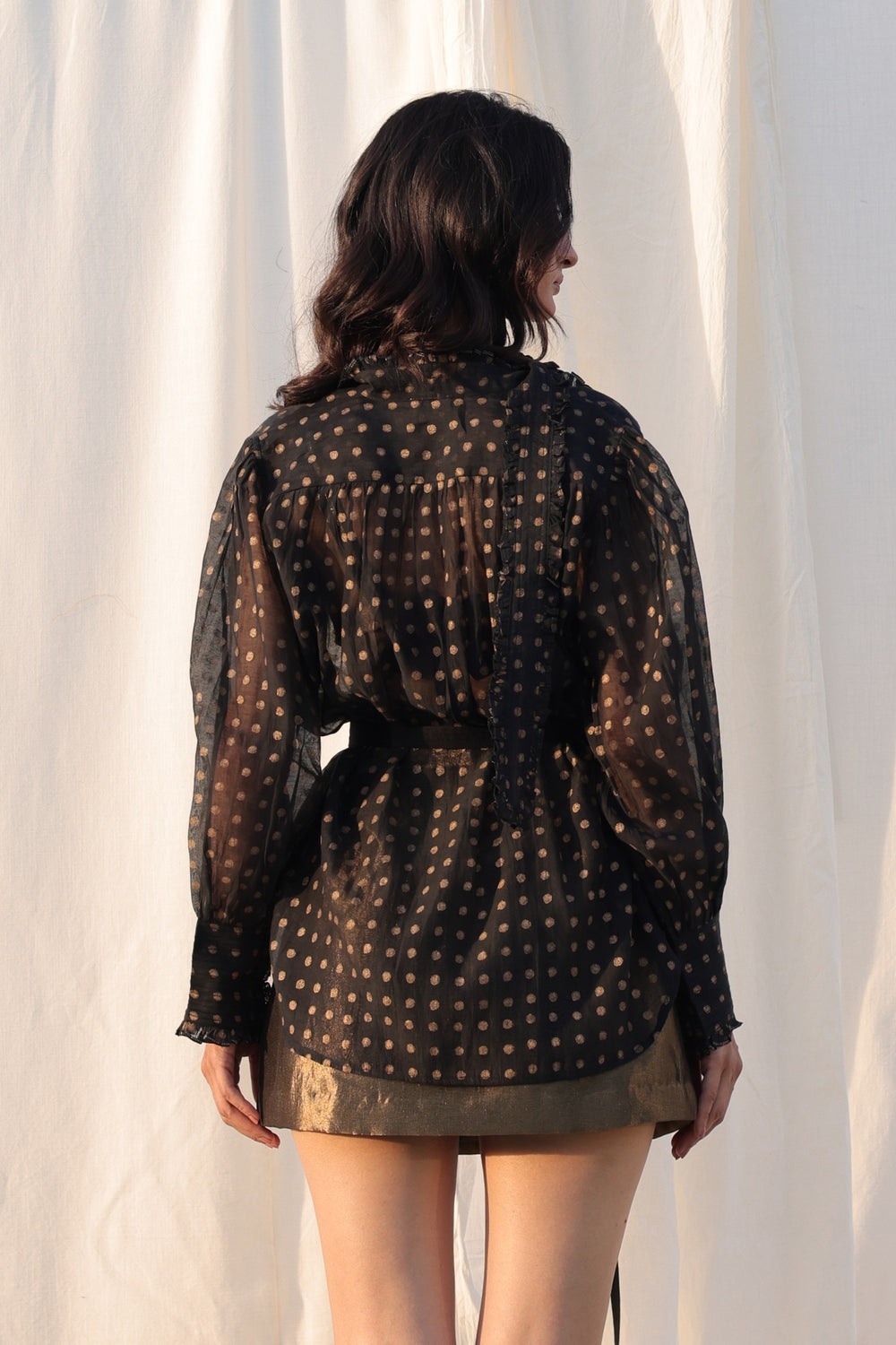 Victorian Gold printed Frill Shirt with a Tie - Black Cotton Silk Sheer Blouse