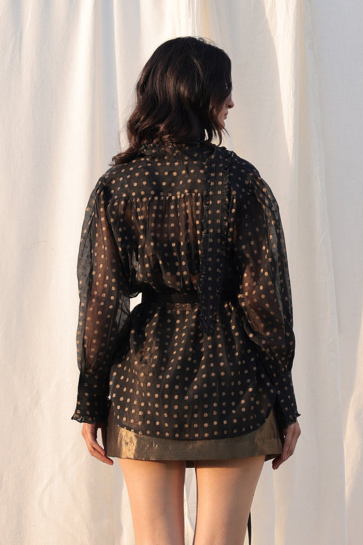 Victorian Gold printed Frill Shirt with a Tie - Black Cotton Silk Sheer Blouse